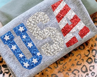 USA Glitter PNG | Patriotic Red White Blue Letter Design | 4th of July Sparkle Graphic | Independence Day Sublimation