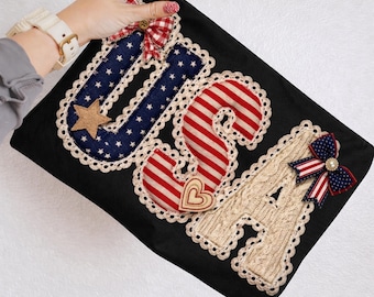 USA Patch Letters PNG, Patriotic Vintage Applique Design, American Flag Letters, 4th of July Shirt Png, Retro USA Sublimation