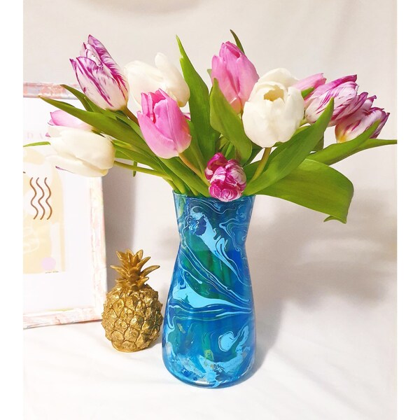 Unique Hand Painted Marble Glass Vase, Sea Blues