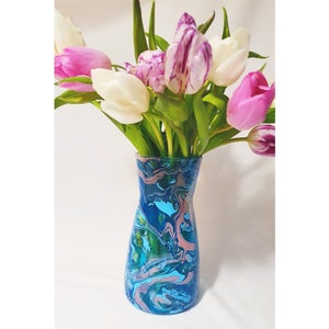 Unique Hand Painted Marble Glass Vase, Sea Blues and Pink