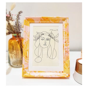 Unique Hand Painted Orange and Pink Marble Wood Picture Frame,  2 sizes, 6x4 inches and A4 Sizes Available