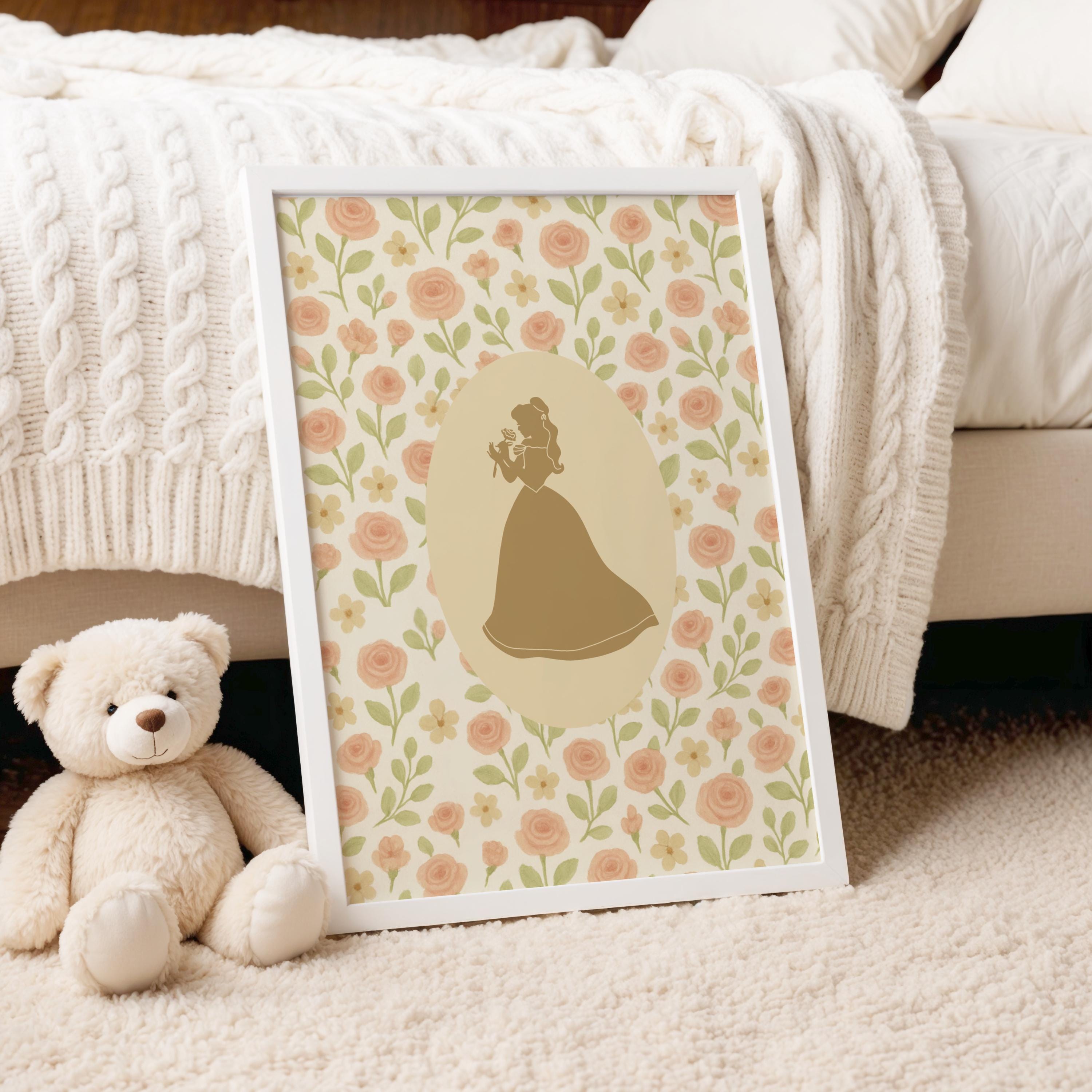 Vintage Rose Fairytale Silhouette Art | Feminine Floral Wall Print | Nursery Room Decor | Cottagecore Princess Aesthetic | Digital