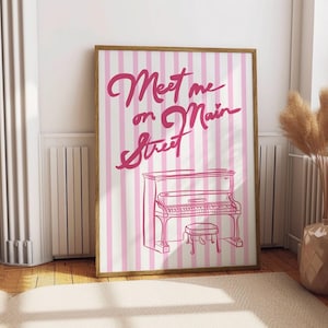 Meet Me on Main Street Printable Wall Art | Pink Striped Piano Illustration | Vintage Music-Inspired Digital Print | Retro Art Download