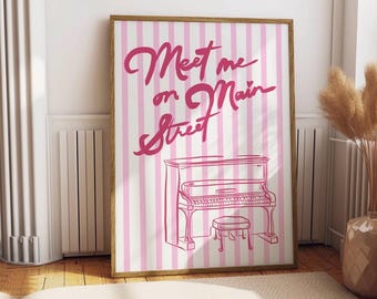 Meet Me on Main Street Printable Wall Art | Pink Striped Piano Illustration | Vintage Music-Inspired Digital Print | Retro Art Download