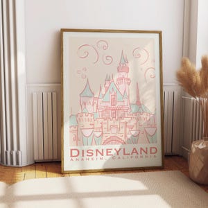 Art mural Disneyland pastel | Impression inspirée d'une affiche de voyage à Anaheim | Décoration de château rose fantaisiste | Illustration en téléchargement numérique