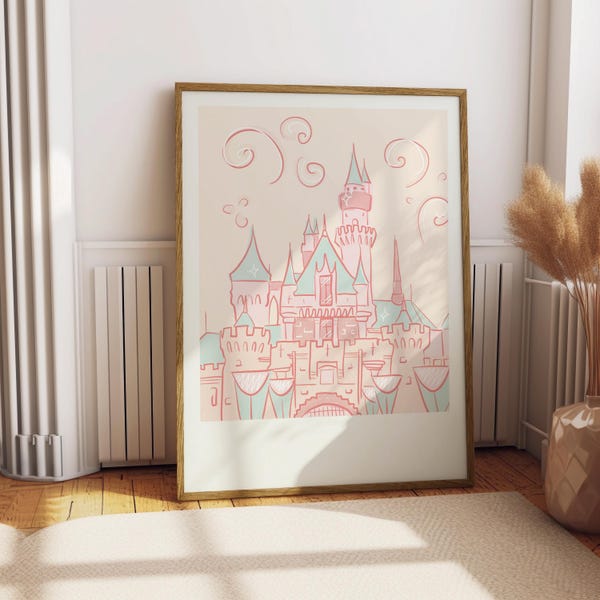 Pastel Magic Wall Art | Anaheim Travel Poster-Inspired Print | Whimsical Pink Castle Decor | Digital Download Illustration