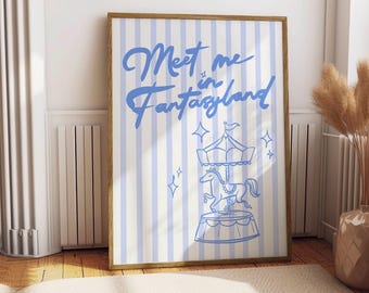 Meet Me in Fantasyland Wall Art | Whimsical Carousel Print | Pastel Nursery Decor | Blue Fairground Poster | Digital Download