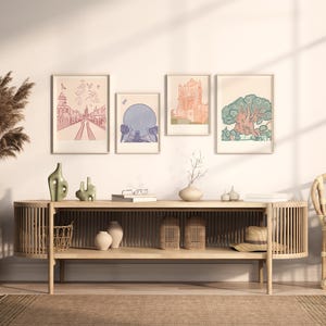 Väggkonstset med magisk temapark | Minimalistiska retro-resetryck | Digital nedladdning