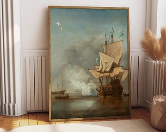 May include: A painting of a large sailing ship with white sails in a stormy sea. The ship is firing a cannon and there is smoke in the air. There are two stars in the sky.