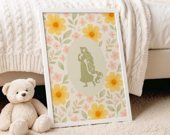 Golden Rapunzel Princess Wall Art Printable | Yellow Wildflower Girl Silhouette | Boho Whimsical Room Decor | Digital Download