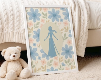 Blue Floral Ice Queen Print | Winter Princess Silhouette Art (Digital Download)