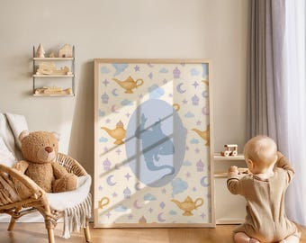 May include: A framed print featuring a whimsical pattern of genie lamps, stars, and clouds in soft pastel colors. A large blue silhouette of a genie is in the center. The print is displayed in a child's room with a teddy bear and wooden toys.