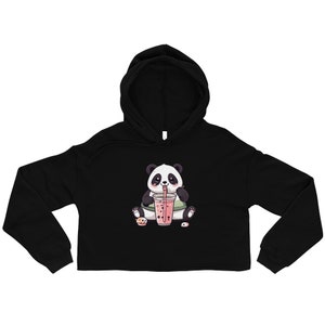 Kawaii Panda Bear Boba Tea Drink Crop Sudadera con capucha