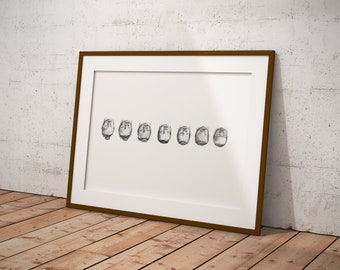 以下が含まれることがあります： 7つのスタイリッシュな顔が1列に並んだ白黒の額縁入り絵画。顔はシンプルなスタイルで、最小限の詳細で描かれている。