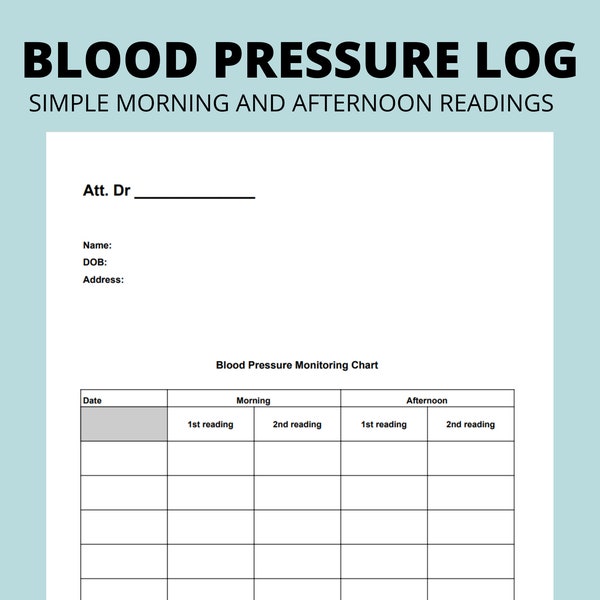 Einfache Blutdrucktabelle mit Morgen- und Nachmittagsmessungen | Druckbares Blutdruck-Messblatt | Sofort Download