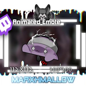 May include: An animated emote design featuring a purple character with a robotic helmet and lightning bolts. The image includes the text "Animated Emote" and the creator's name, "MARXHMALLOW". The Twitch logo is visible in the upper left corner.