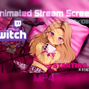 May include: Animated Twitch stream screen with a pink and purple color scheme. The screen features a cartoon woman with blonde hair, wearing a pink top and holding a phone. The text "STREAM STARTING..." is displayed on the screen, along with the text "MP4" and "木村結衣".