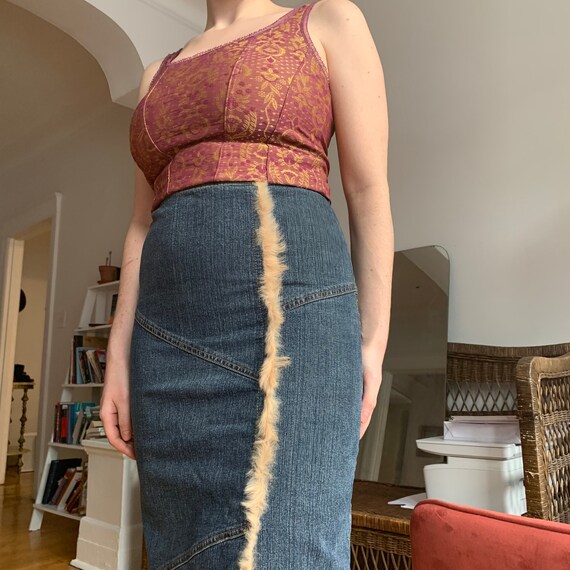 Vintage 90s Patchwork Denim Midi Skirt w/ Genuine