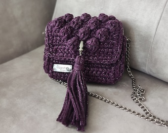 Purple Mini bubble bag, violet crochet purse, small shiny bag, women's accessory for a party, fashionable handbags, elegant natural bag