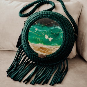 Bottle green backpack bag, 2in1, crochet bag, Resin Art, Boho Style image 2