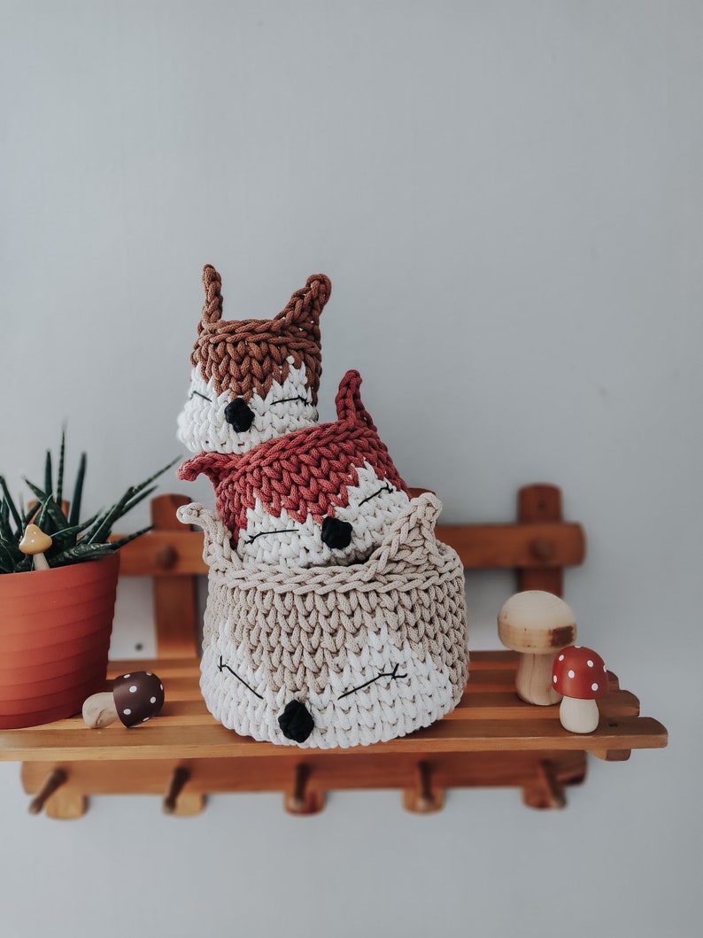 crochet animal basket, forest child's room, fox basket, for storage, scandi toy organizer, Basket Featuring Fox, Woodland Themed Decor image 1