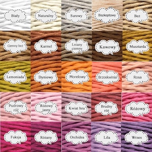 May include: A chart of 20 different colors of cotton cord, with the name of each color written in Polish below each sample.