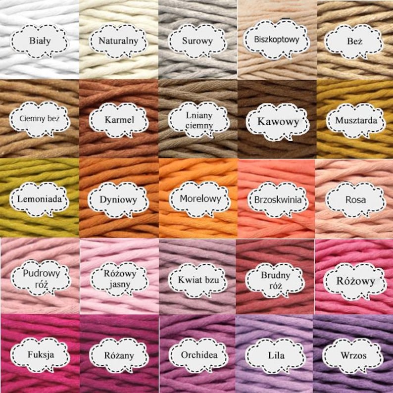 May include: A chart of 20 different colors of cotton cord, with the name of each color written in Polish below each sample.