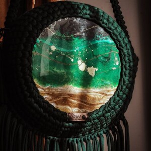 Bottle green backpack bag, 2in1, crochet bag, Resin Art, Boho Style image 10