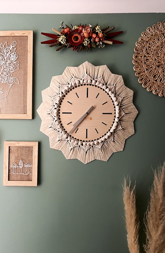 boho big clock, rustical art wall, bohemian interior, macrame big clock