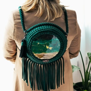 Bottle green backpack bag, 2in1, crochet bag, Resin Art, Boho Style image 1