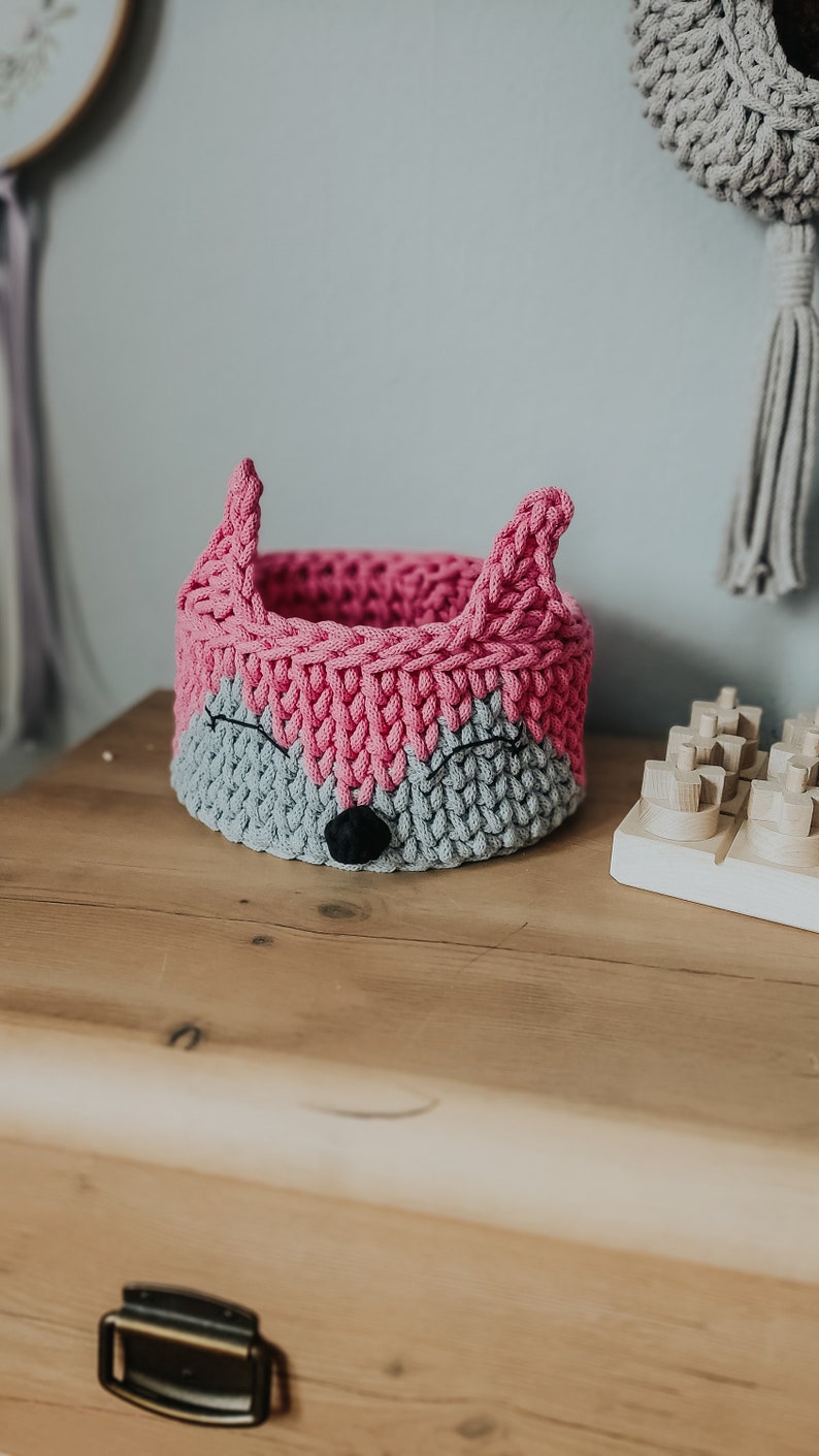 crochet animal basket, forest child's room, fox basket, for storage, scandi toy organizer, Basket Featuring Fox, Woodland Themed Decor image 4