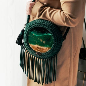 Bottle green backpack bag, 2in1, crochet bag, Resin Art, Boho Style image 5