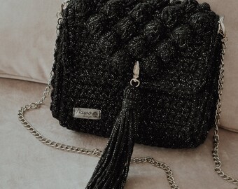 black silver handmade bag, shiny purse, high-quality bags