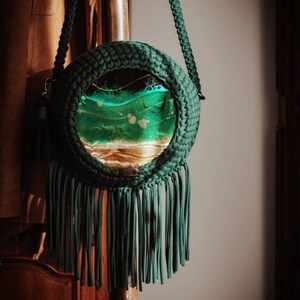 Bottle green backpack bag, 2in1, crochet bag, Resin Art, Boho Style image 3