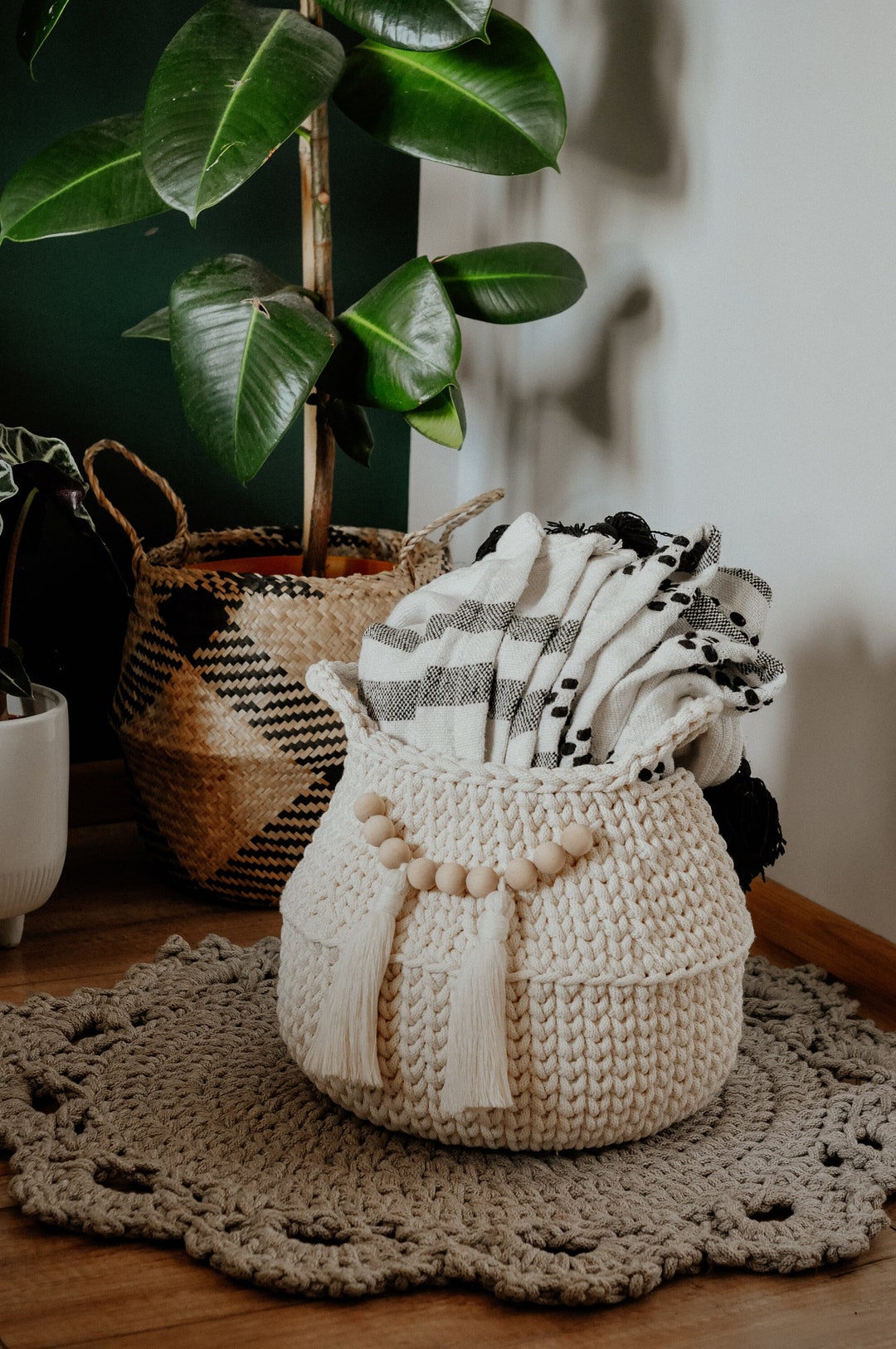 Boho Hamper Boho Round Basket Kidsroom Storage Container Etsy