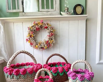 Easter Baskets For Girls, spring basket tulips, Easter Egg Hunt, tulips Basket Whith Handle,  Easter Egg Hun, Crochet Round Egg Basket