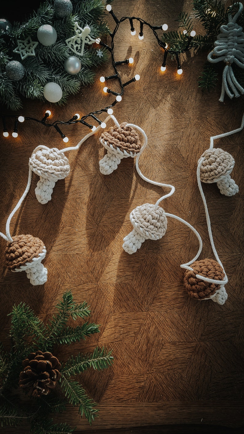 Crochet Mushroom Garland, fall home accent, Ornament, Fall Hanging Decor, forest kids room autumn, Toadstool Autumn Decoration image 3