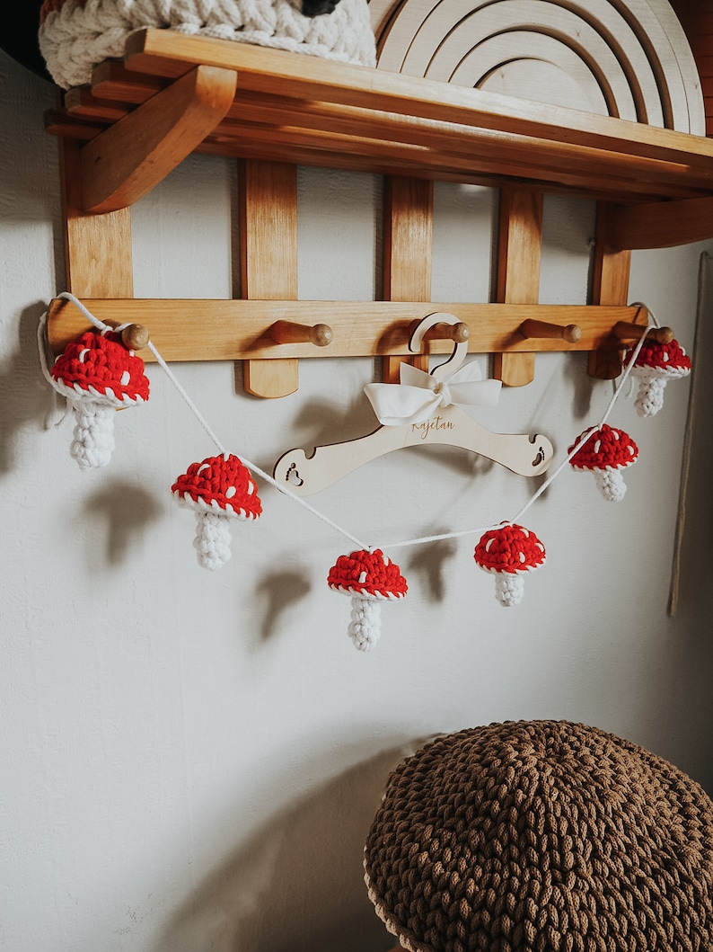 Crochet Mushroom Garland, fall home accent, Ornament, Fall Hanging Decor, forest kids room autumn, Toadstool Autumn Decoration image 1