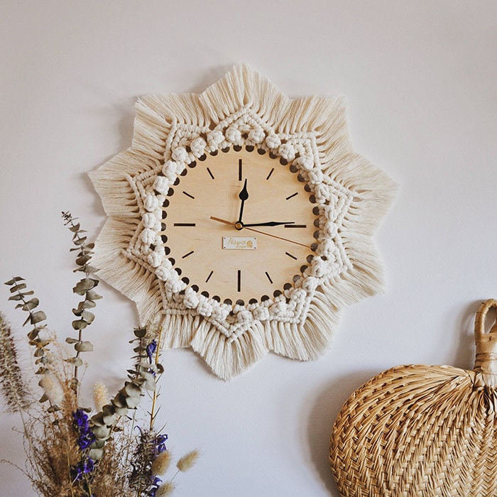 Boho Uhr, rustikale Kunstwand, Boho Interior, Makramee Uhr
