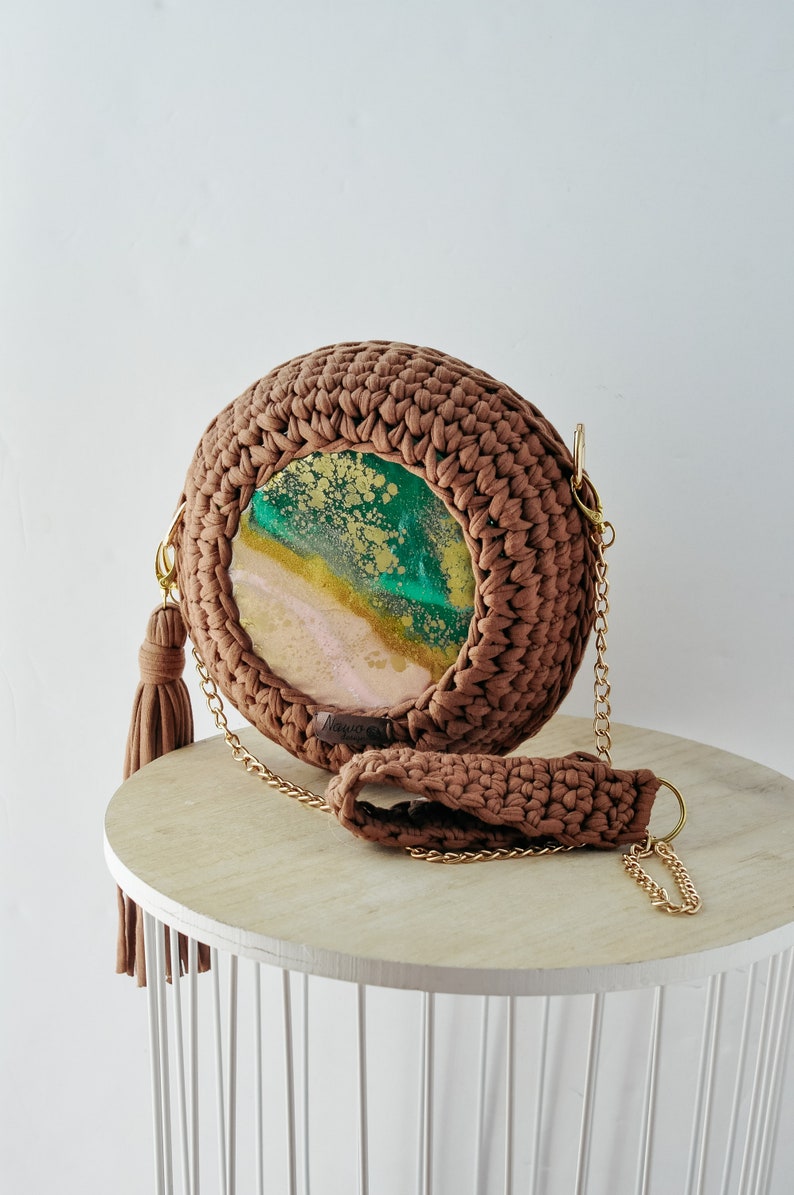 Brown Crochet Bag, Resin Art, Boho Style image 2
