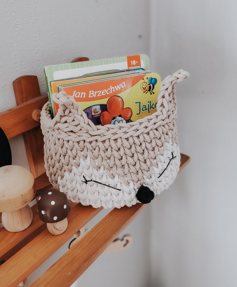 crochet animal basket, forest child's room, fox basket, for storage, scandi toy organizer, Basket Featuring Fox, Woodland Themed Decor image 3