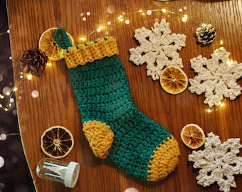 Christmas Stocking for the fireplace, xmas green stocking, woolen art sock