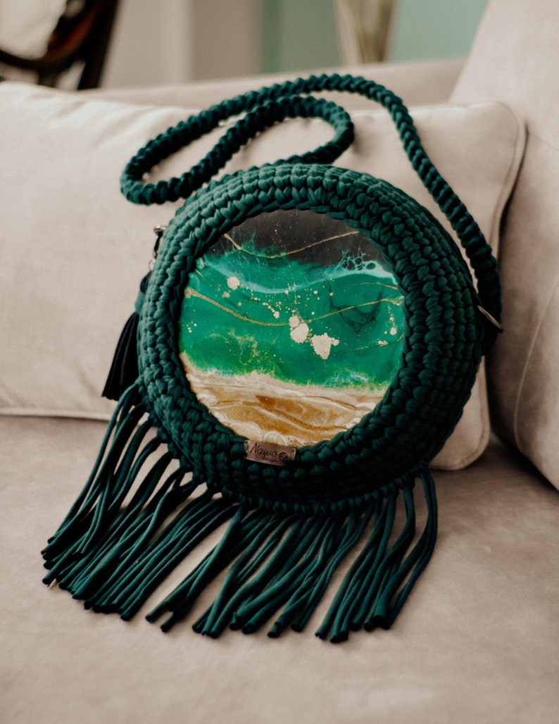 Bottle green backpack bag, 2in1, crochet bag, Resin Art, Boho Style image 2