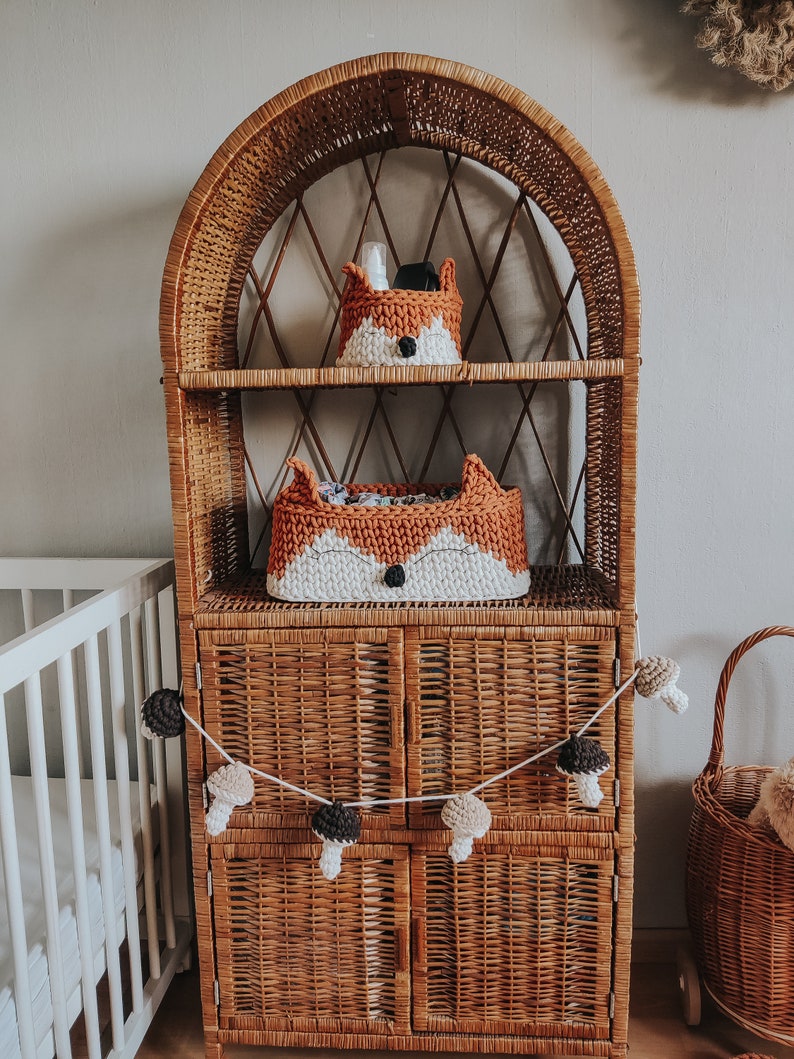 crochet animal basket, forest child's room, fox basket, for storage, scandi toy organizer, Basket Featuring Fox, Woodland Themed Decor image 2