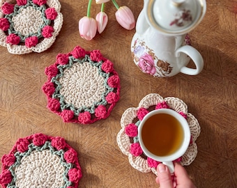 crochet flower coasters，handmade tulips coasters，Valentine's Gift, Housewarming Coasters, Floral Gift for Her, Cute gift for her