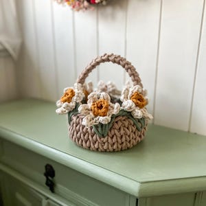 Osterkörbchen für Mädchen, Frühlingskorb-Narzissen, Ostereiersuche, Narzissen Korb mit Griff, Osterei Hun, gehäkelter runder Eierkorb