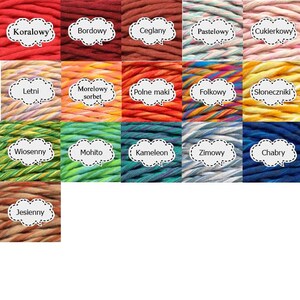 May include: A collection of 15 different colored cotton cords, each with a unique name in Polish. The cords are arranged in a grid pattern, with each cord having a different color and pattern.