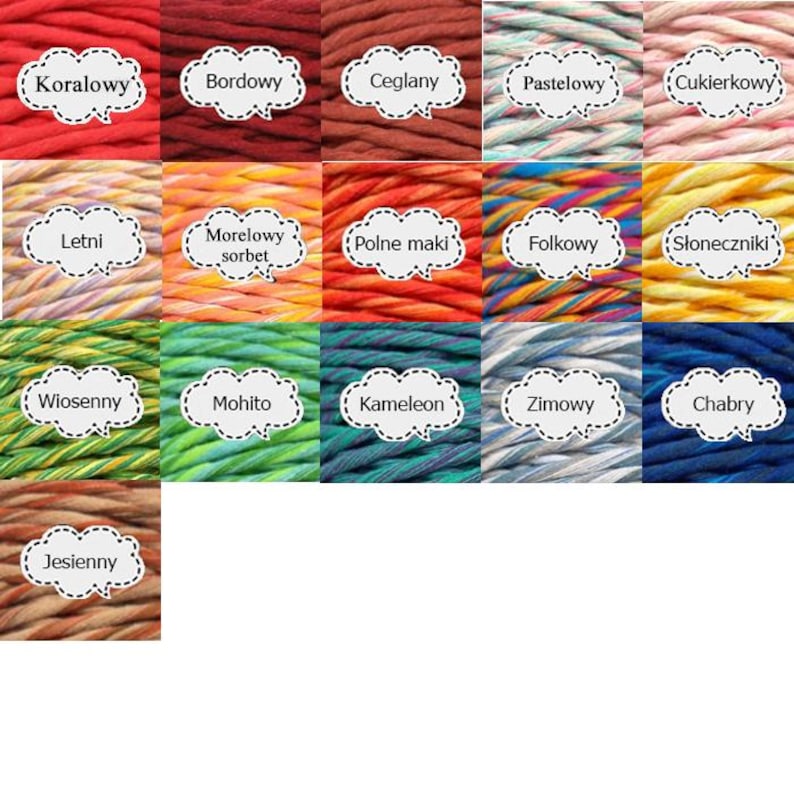 May include: A collection of 15 different colored cotton cords, each with a unique name in Polish. The cords are arranged in a grid pattern, with each cord having a different color and pattern.