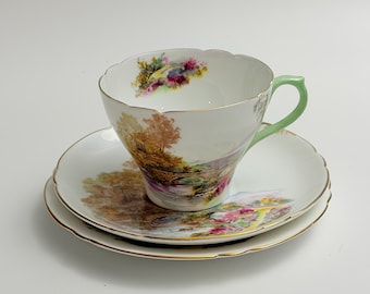 Shelley - Heather tea trio with green handle (cup, saucer and plate set)