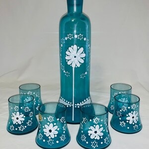 Bohemian Czechoslovakian Blue Glass - Decanter w Stopper & 6 Matching Glasses